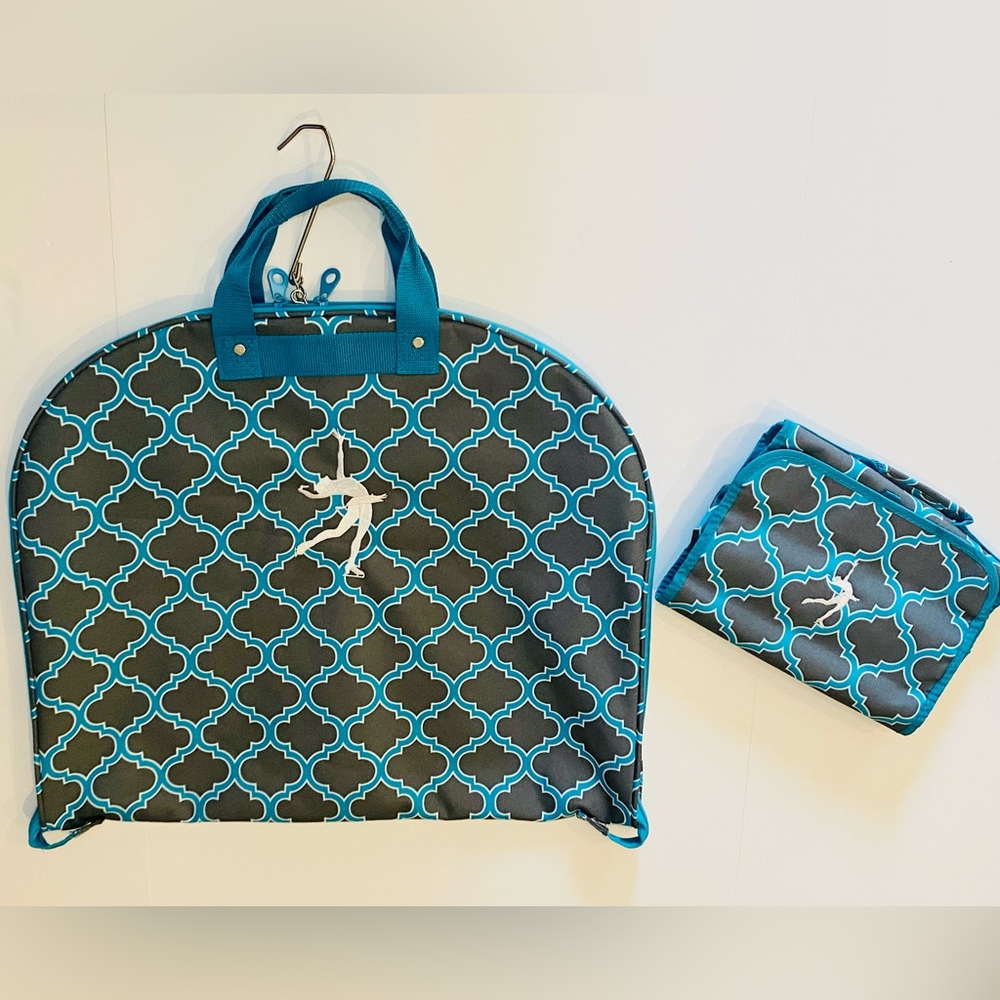 Grey & Turquoise Quatrefoil garment and accessory bag set w/ skater embroidery